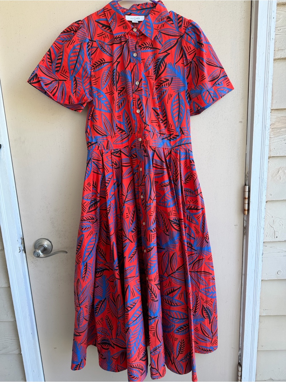 Alexis Red and Blue Leaf-Print Midi Dress